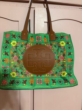 Tory Burch Green Floral Canvas Tote with Brown Leather Logo Medallion